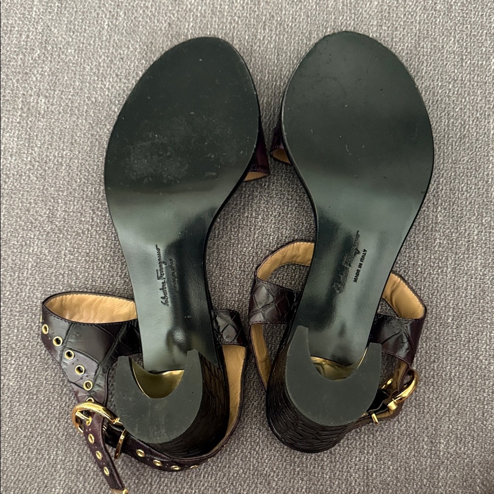 Salvatore Ferragamo Black and Purple Embossed Sandals - Picture 7 of 12